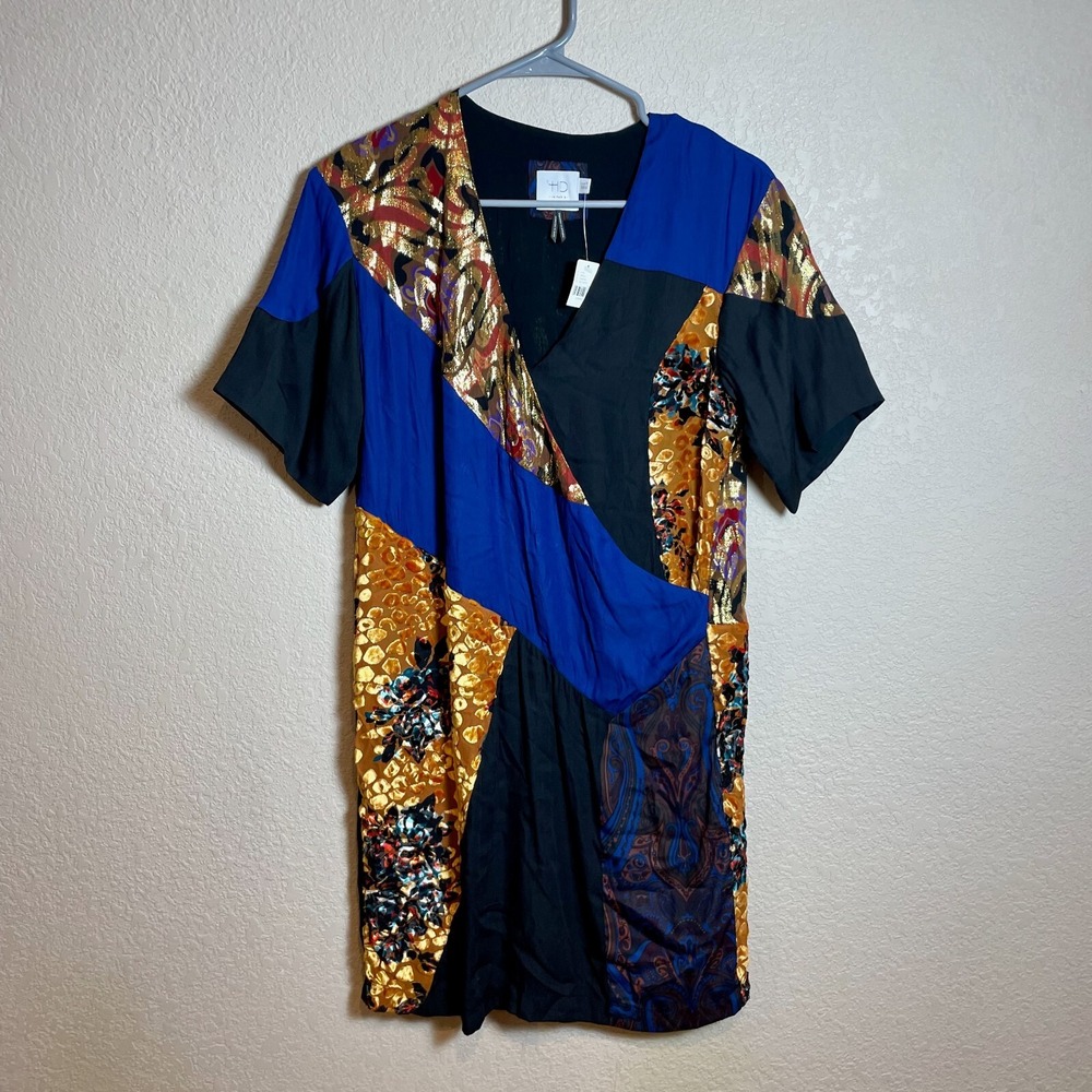 Anthropologie HD in Paris Camellia Shift Dress Size‎ 0 Blue Patchwork Silk NEW